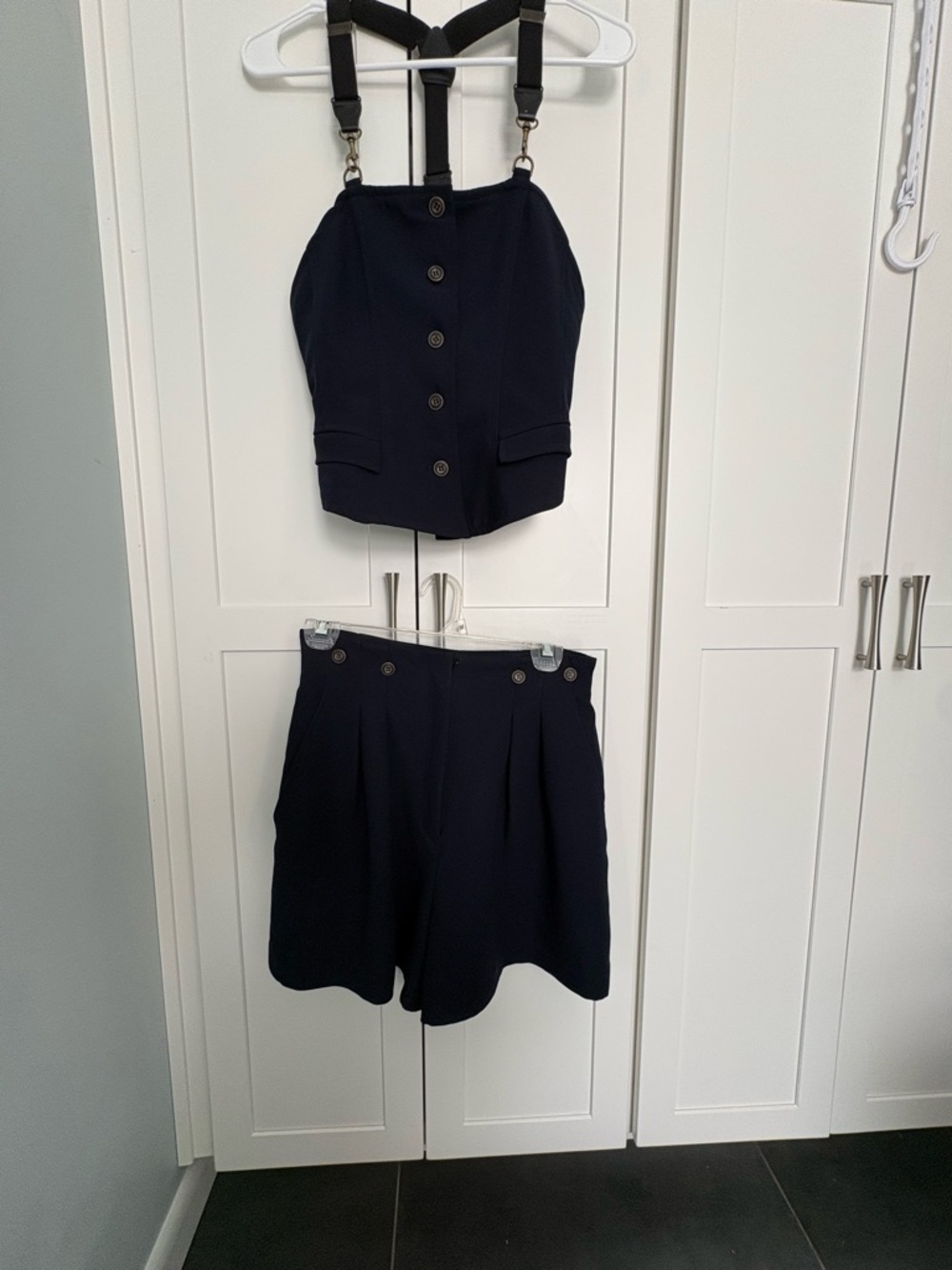 Navy Button suspender Corset Top & High-Waist Pleated Shorts Set vintage 1995
